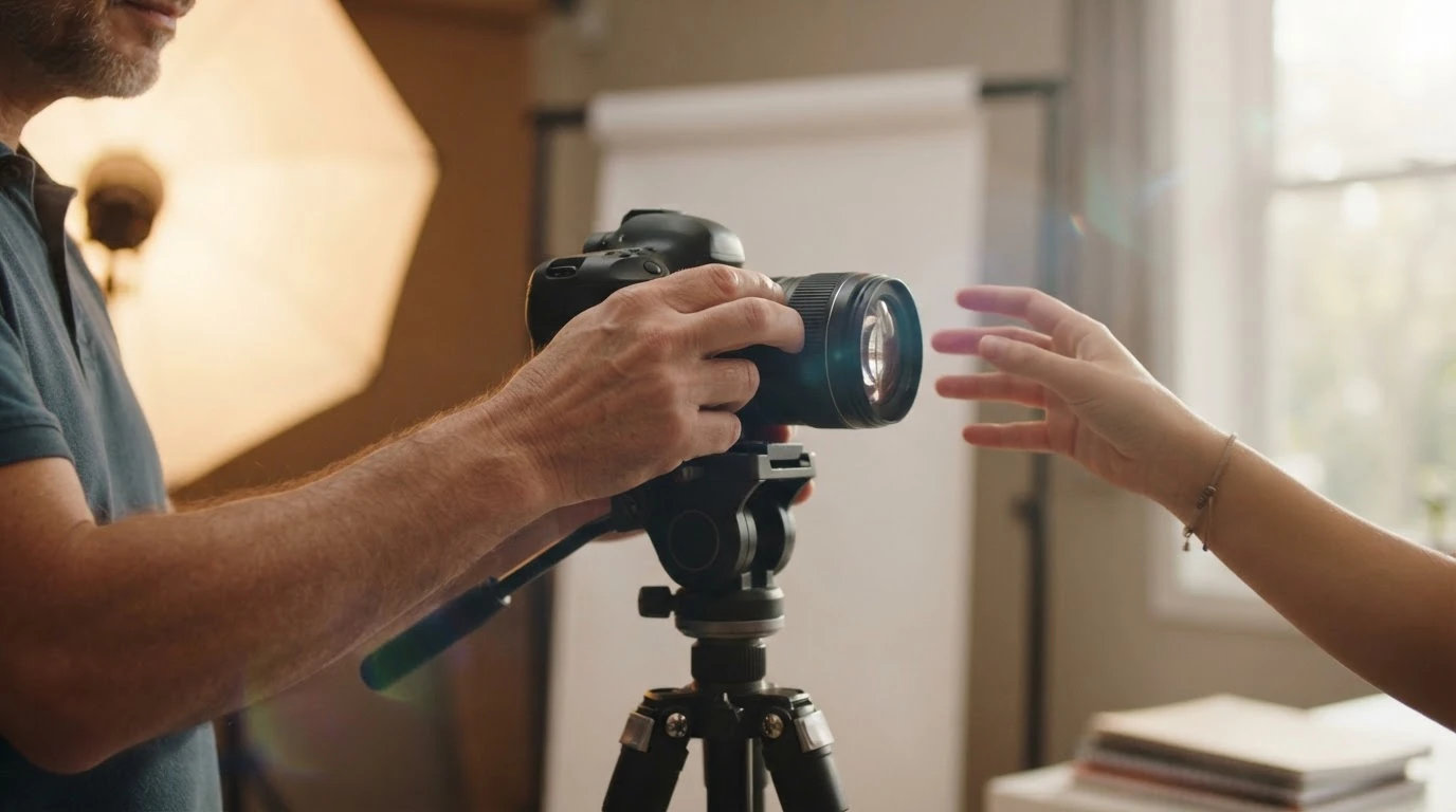 Fotógrafo ajustando una cámara sobre un trípode en un estudio con reflector y luz natural