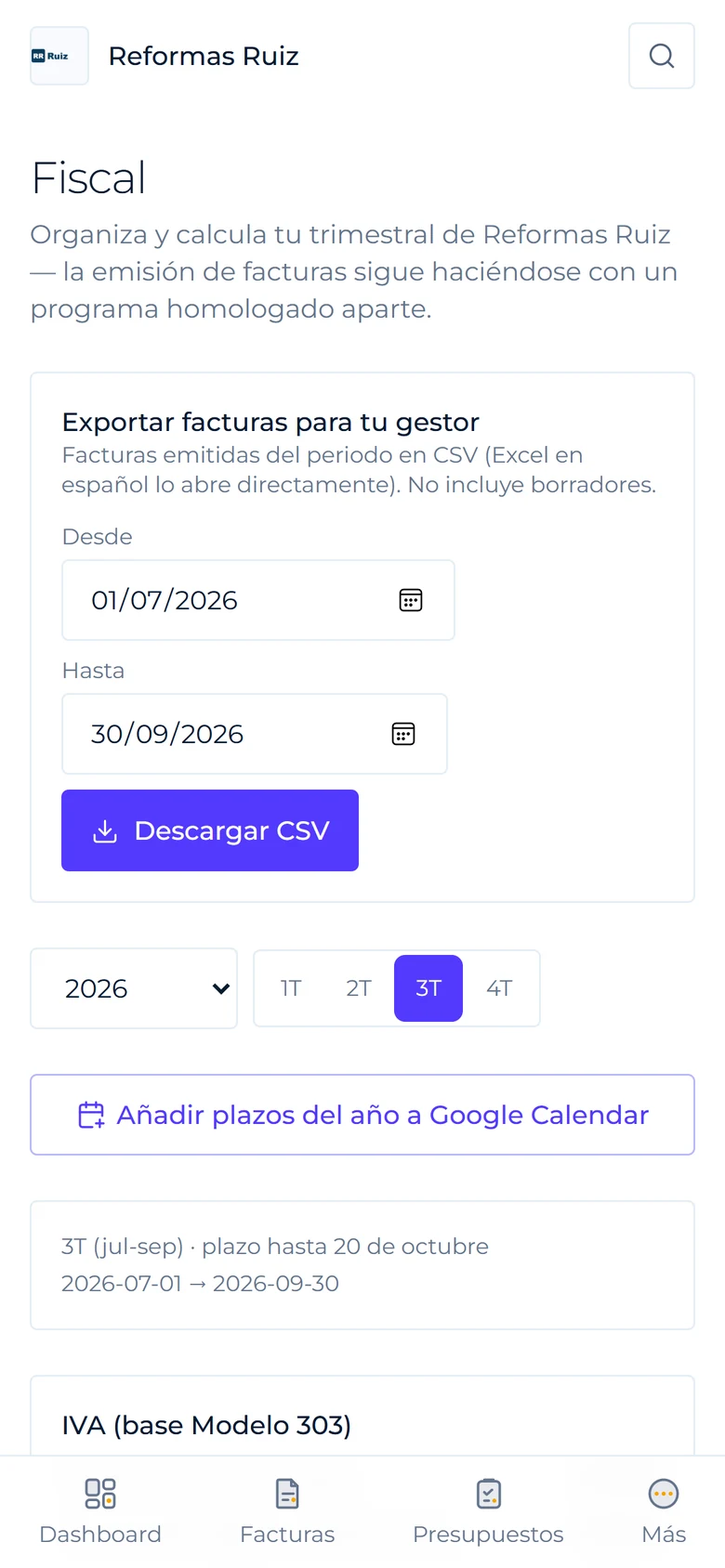 Pantalla fiscal en el móvil con el trimestre, los plazos y la exportación en CSV