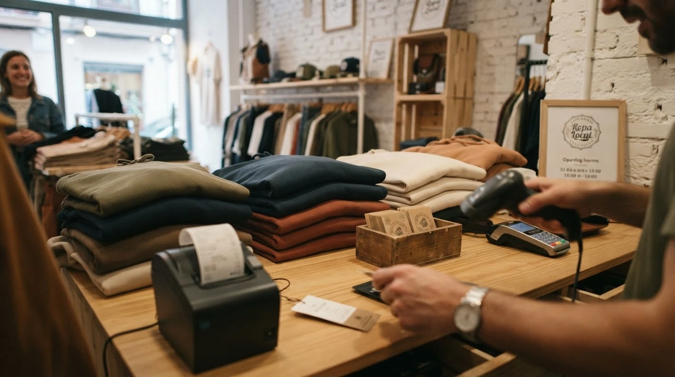 Dependienta cobrando con datáfono en una tienda de ropa