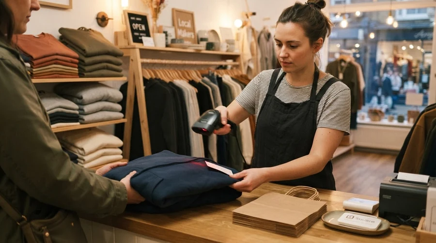 Cliente pagando en el mostrador de una tienda de ropa